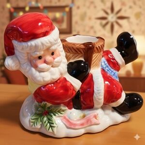 Vintage Ceramic Santa Claus Taper Candle Holder Blue Scarf Retro Christmas 5"